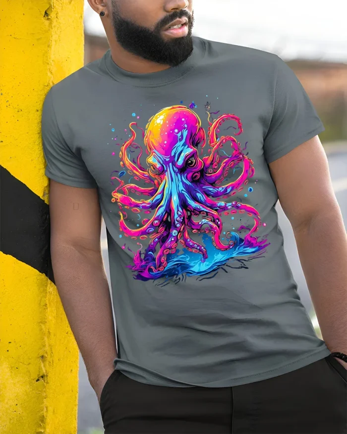 Psychedelic Octopus T-Shirt with Neon Ink Print - model in grey shirt leaning against column