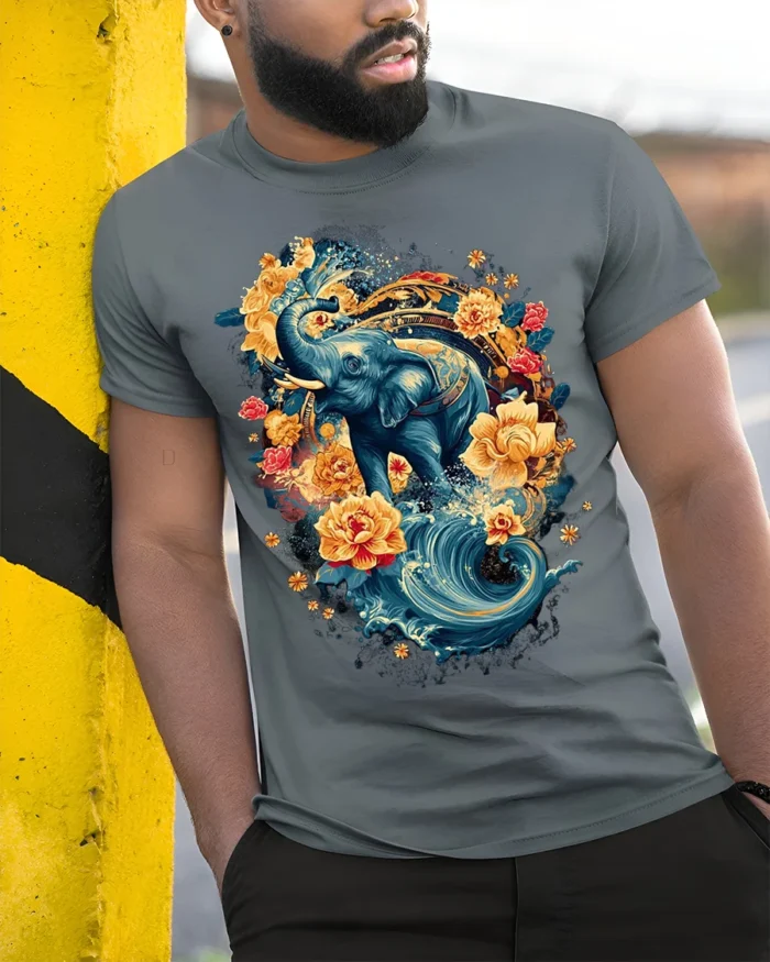 Floral Elephant T-Shirt with Water and Lotus Art - model in grey shirt leaning against column