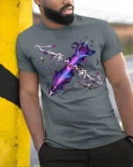 Galaxy Magic Bow T-Shirt with Fantasy Weapon Art - model in grey shirt leaning against column