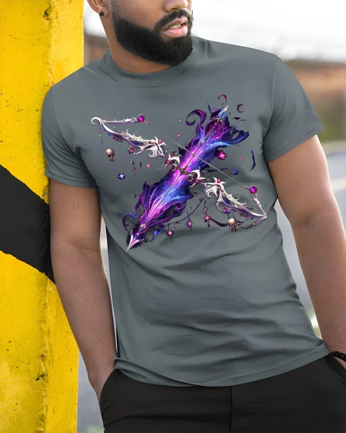 Galaxy Magic Bow T-Shirt with Fantasy Weapon Art - model in grey shirt leaning against column