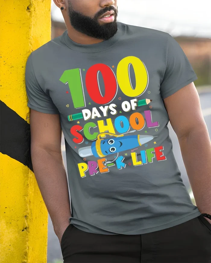 100 Days of School Pre-K Life T-Shirt - model in grey shirt leaning against column