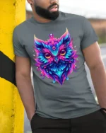Colorful Owl Spirit Graphic T-Shirt - model in grey shirt leaning against column