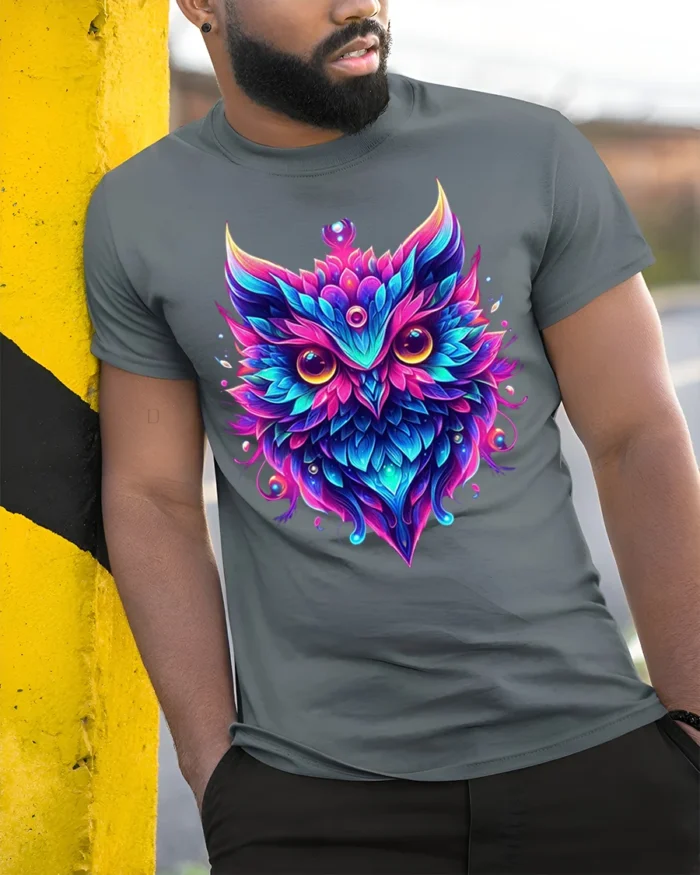 Colorful Owl Spirit Graphic T-Shirt - model in grey shirt leaning against column