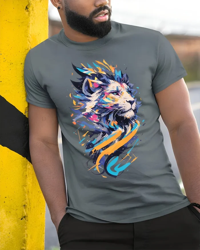 Abstract Colorful Lion Graphic T-Shirt - model in grey shirt leaning against column