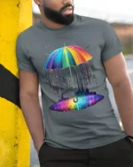 Rainbow Umbrella Abstract Rain Printed T-Shirt - model in grey shirt leaning against column
