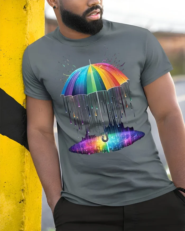 Rainbow Umbrella Abstract Rain Printed T-Shirt - model in grey shirt leaning against column