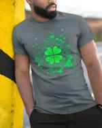 Celtic Shamrock Irish Lucky Clover T-Shirt - model in grey shirt leaning against column