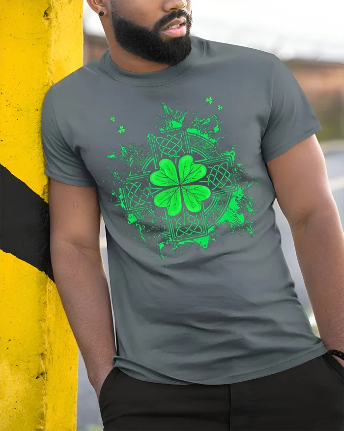 Celtic Shamrock Irish Lucky Clover T-Shirt - model in grey shirt leaning against column