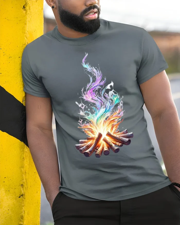 Colorful Flame Campfire Art Printed T-Shirt - model in grey shirt leaning against column