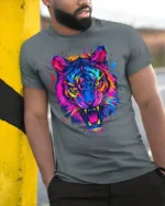 Neon Tiger Face Psychedelic Art T-Shirt - model in grey shirt leaning against column