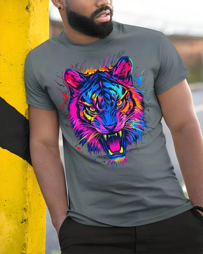 Neon Tiger Face Psychedelic Art T-Shirt - model in grey shirt leaning against column