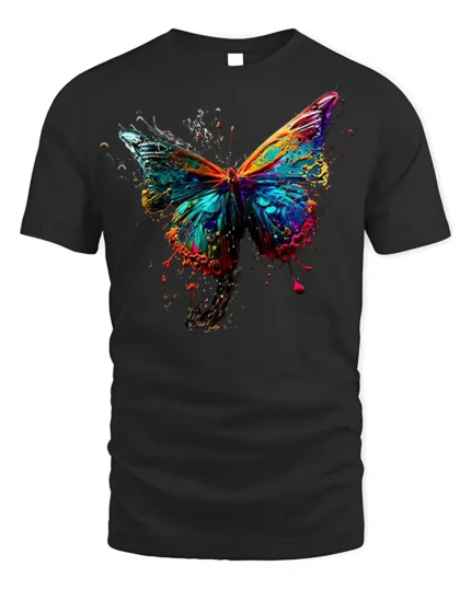 Color Splash Butterfly Graphic T-shirt - black t-shirt on white background