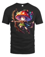 Mushroom Archer Fantasy Character T-shirt - black t-shirt on white background