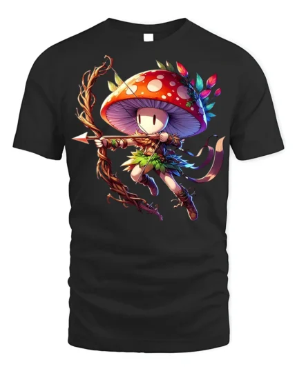 Mushroom Archer Fantasy Character T-shirt - black t-shirt on white background