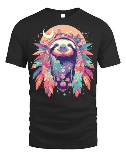 Boho Sloth Spirit Animal Graphic T-Shirt - black t-shirt on white background