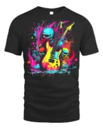 Neon Skull Guitar Rock Art T-Shirt - black t-shirt on white background