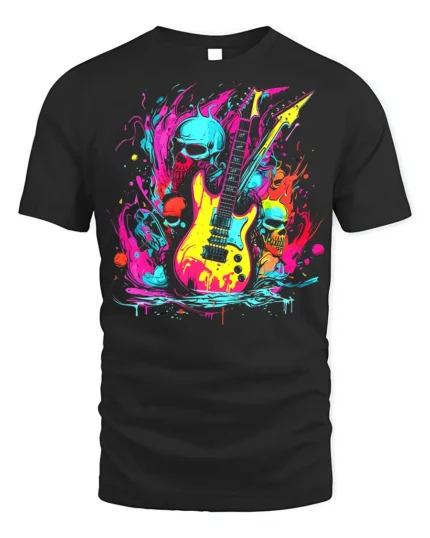 Neon Skull Guitar Rock Art T-Shirt - black t-shirt on white background