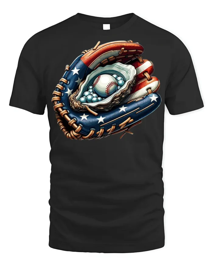 Patriotic Baseball Glove T-Shirt USA Flag Style - black t-shirt on white background