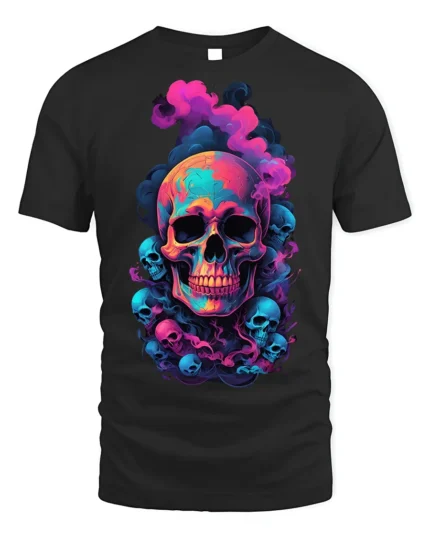 Neon Smoke Skull Art T-Shirt for Dark Style - black t-shirt on white background
