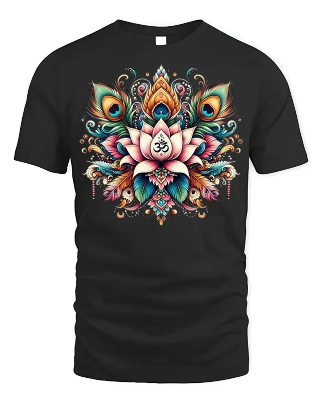 Lotus Om Mandala T-Shirt with Peacock Feathers - black t-shirt on white background