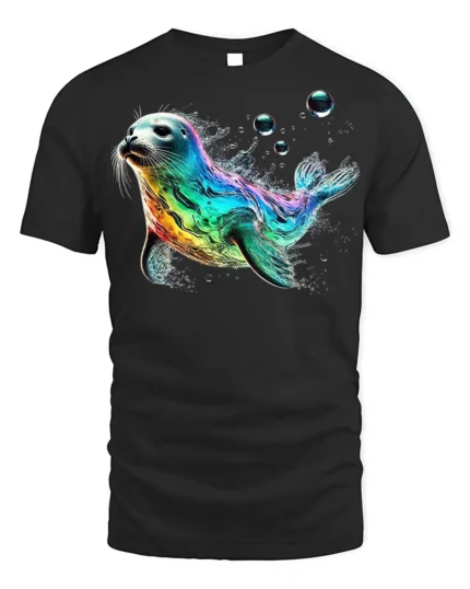 Colorful Sea Seal Graphic T-Shirt Ocean Style - black t-shirt on white background