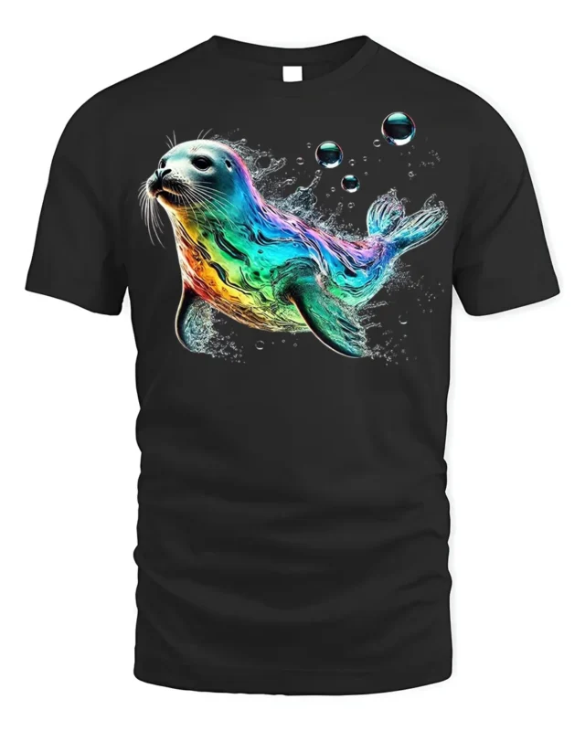Colorful Sea Seal Graphic T-Shirt Ocean Style - black t-shirt on white background