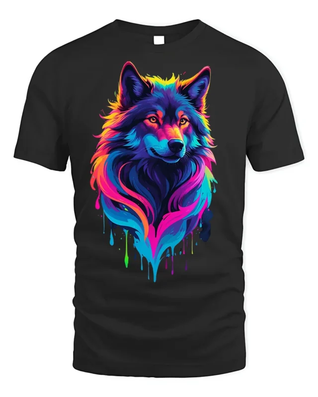 Rainbow Wolf T-Shirt Colorful Animal Print Tee - black t-shirt on white background