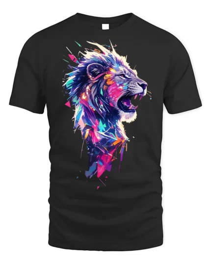 Roaring Lion T-Shirt Abstract Jungle Art Tee - black t-shirt on white background