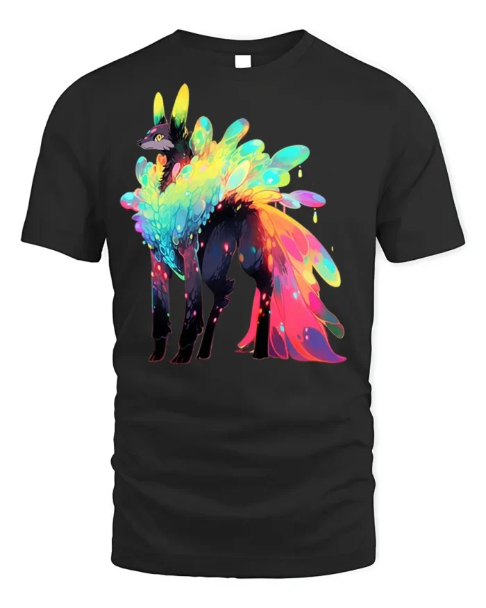 Rainbow Spirit Wolf Graphic T-shirt Cool Print - black t-shirt on white background
