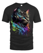 Neon DJ Cat Headphones Graphic T-shirt Cool - black t-shirt on white background