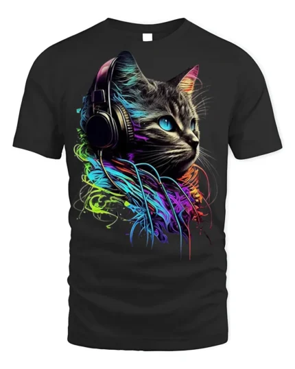 Neon DJ Cat Headphones Graphic T-shirt Cool - black t-shirt on white background