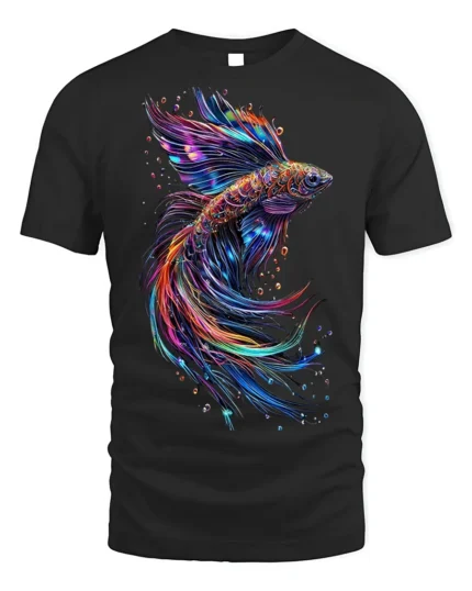 Colorful Betta Fish Art Printed T-shirt Cool - black t-shirt on white background