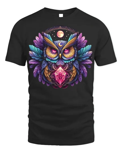 Mystic Owl Crystal Moon Graphic T-shirt - black t-shirt on white background