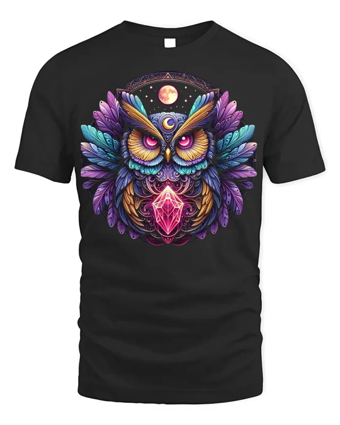 Mystic Owl Crystal Moon Graphic T-shirt - black t-shirt on white background