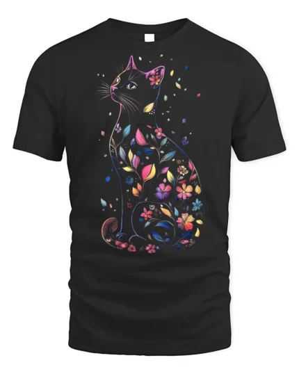 Floral Black Cat Artistic Printed T-shirt - black t-shirt on white background