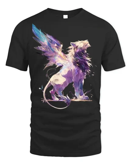 Fantasy Winged Lion Abstract Graphic T-shirt - black t-shirt on white background