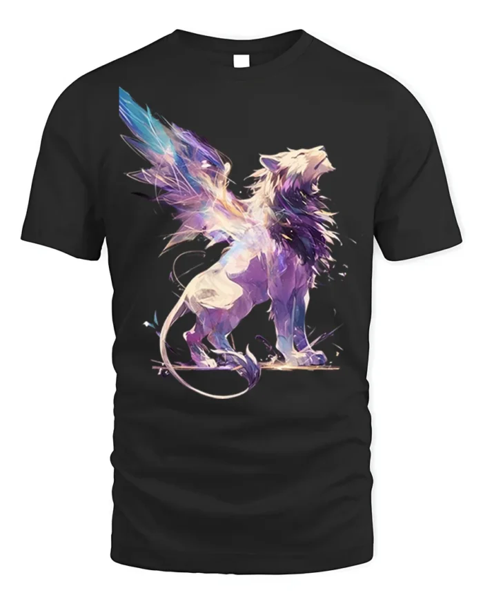 Fantasy Winged Lion Abstract Graphic T-shirt - black t-shirt on white background