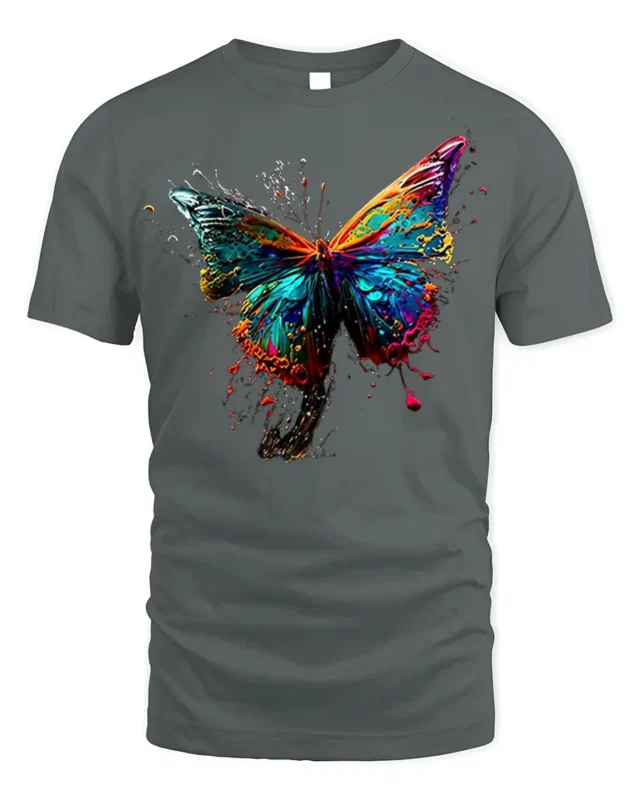Color Splash Butterfly Graphic T-shirt - gray t-shirt on white background