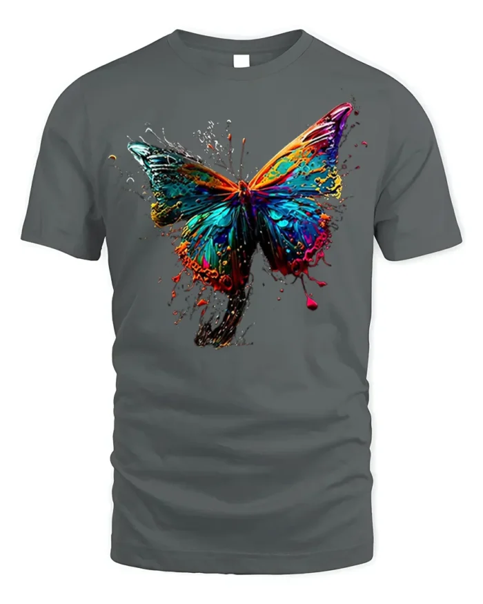 Color Splash Butterfly Graphic T-shirt - gray t-shirt on white background