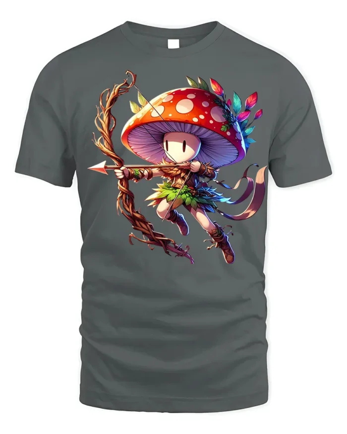 Mushroom Archer Fantasy Character T-shirt - gray t-shirt on white background