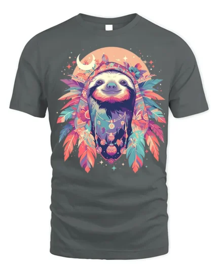 Boho Sloth Spirit Animal Graphic T-Shirt - gray t-shirt on white background