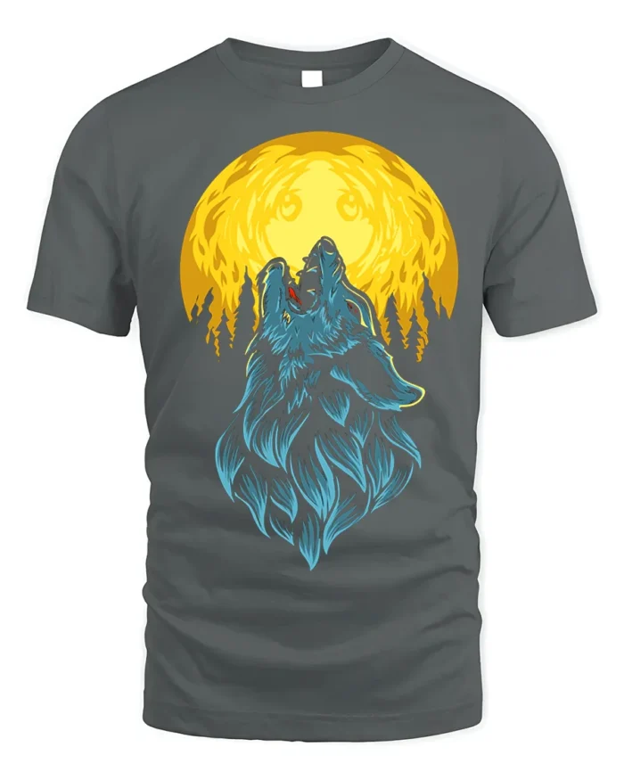 Howling Wolf Full Moon Graphic T-Shirt - gray t-shirt on white background