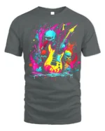 Neon Skull Guitar Rock Art T-Shirt - gray t-shirt on white background