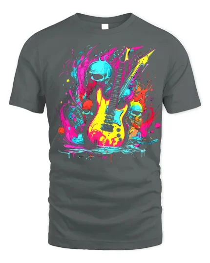 Neon Skull Guitar Rock Art T-Shirt - gray t-shirt on white background