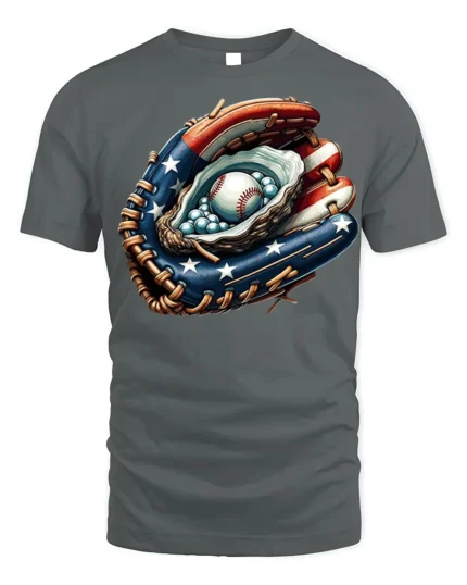 Patriotic Baseball Glove T-Shirt USA Flag Style - gray t-shirt on white background
