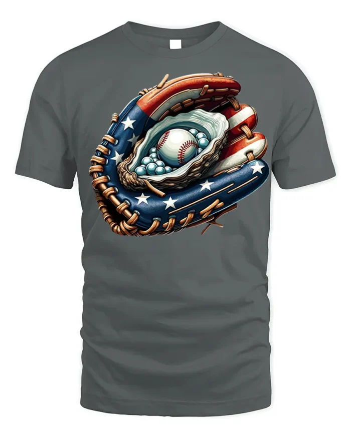 Patriotic Baseball Glove T-Shirt USA Flag Style - gray t-shirt on white background