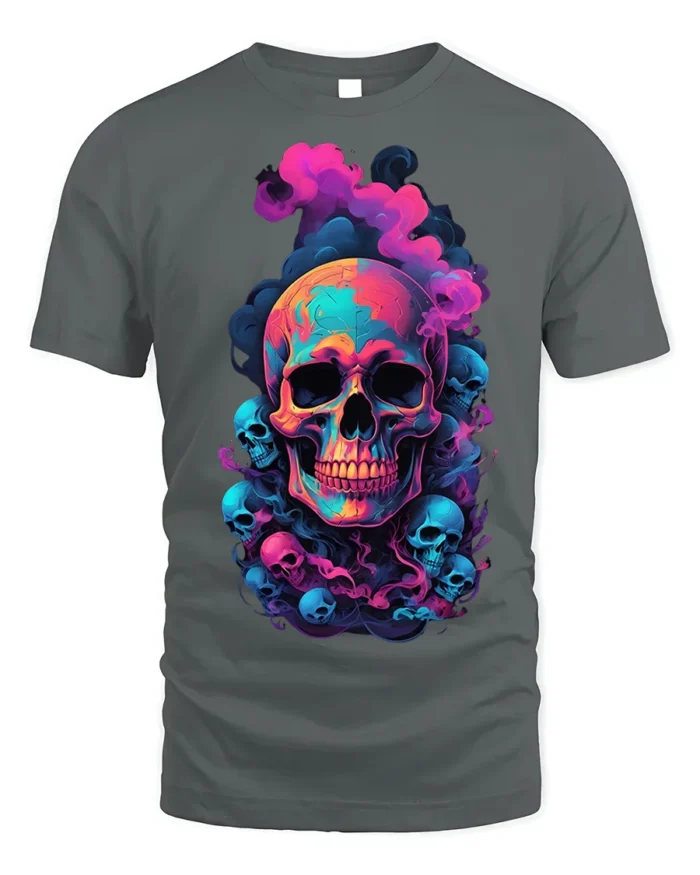 Neon Smoke Skull Art T-Shirt for Dark Style - gray t-shirt on white background