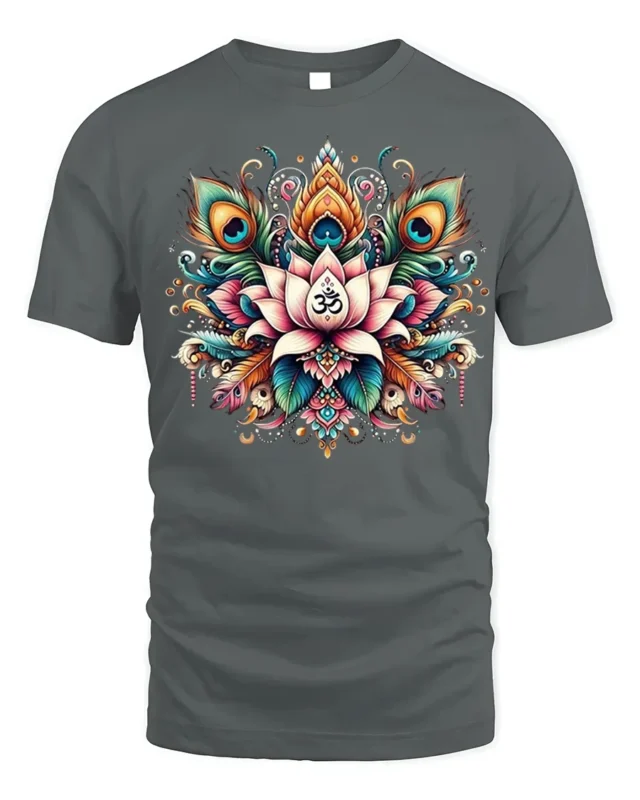 Lotus Om Mandala T-Shirt with Peacock Feathers - gray t-shirt on white background