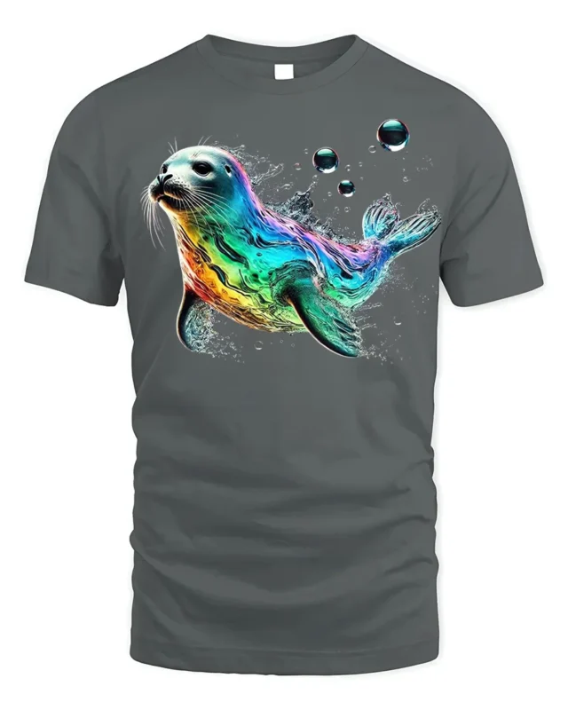 Colorful Sea Seal Graphic T-Shirt Ocean Style - gray t-shirt on white background