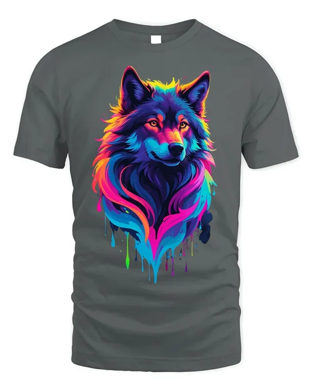 Rainbow Wolf T-Shirt Colorful Animal Print Tee - gray t-shirt on white background